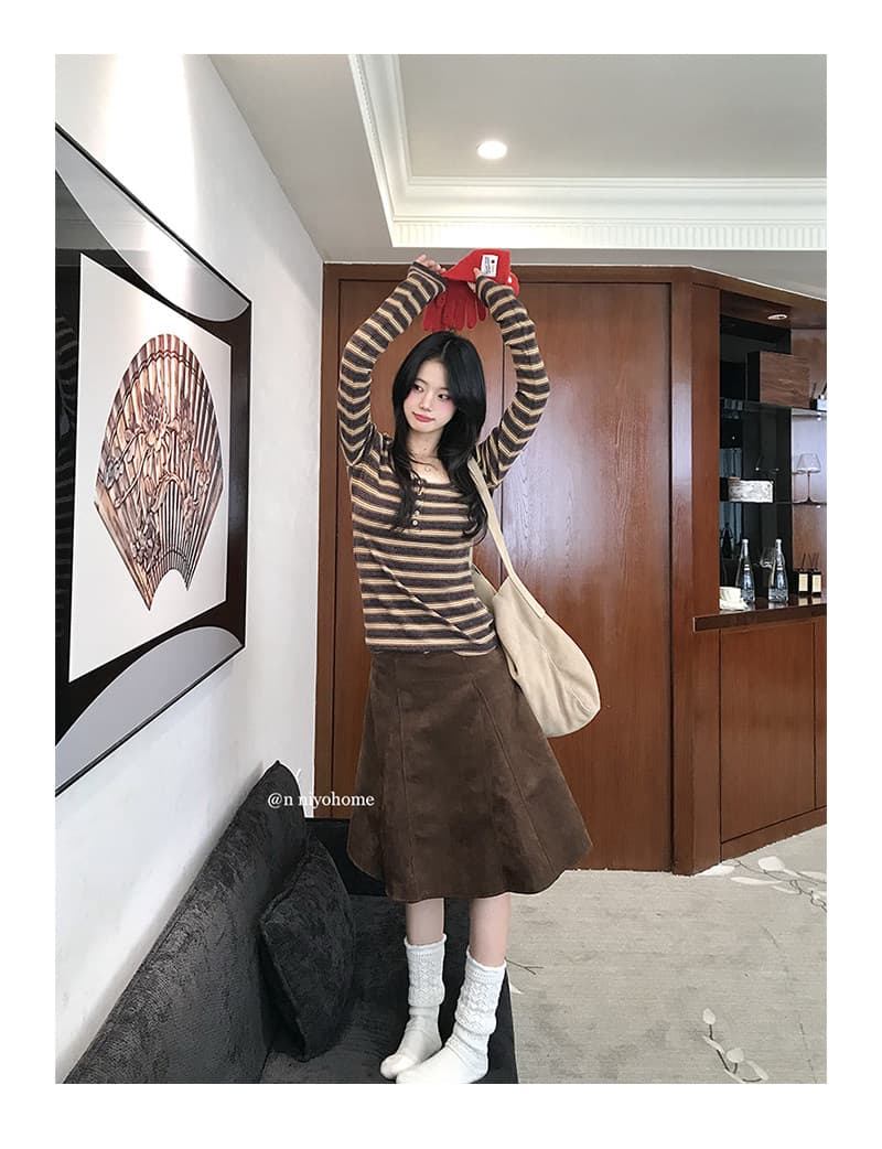 양모 원본 원단 한 부서 스트라이프 티셔츠 여성 가을 새로운 긴팔 기본 셔츠 미니멀리즘 다용도 맨위 상세 이미지 16