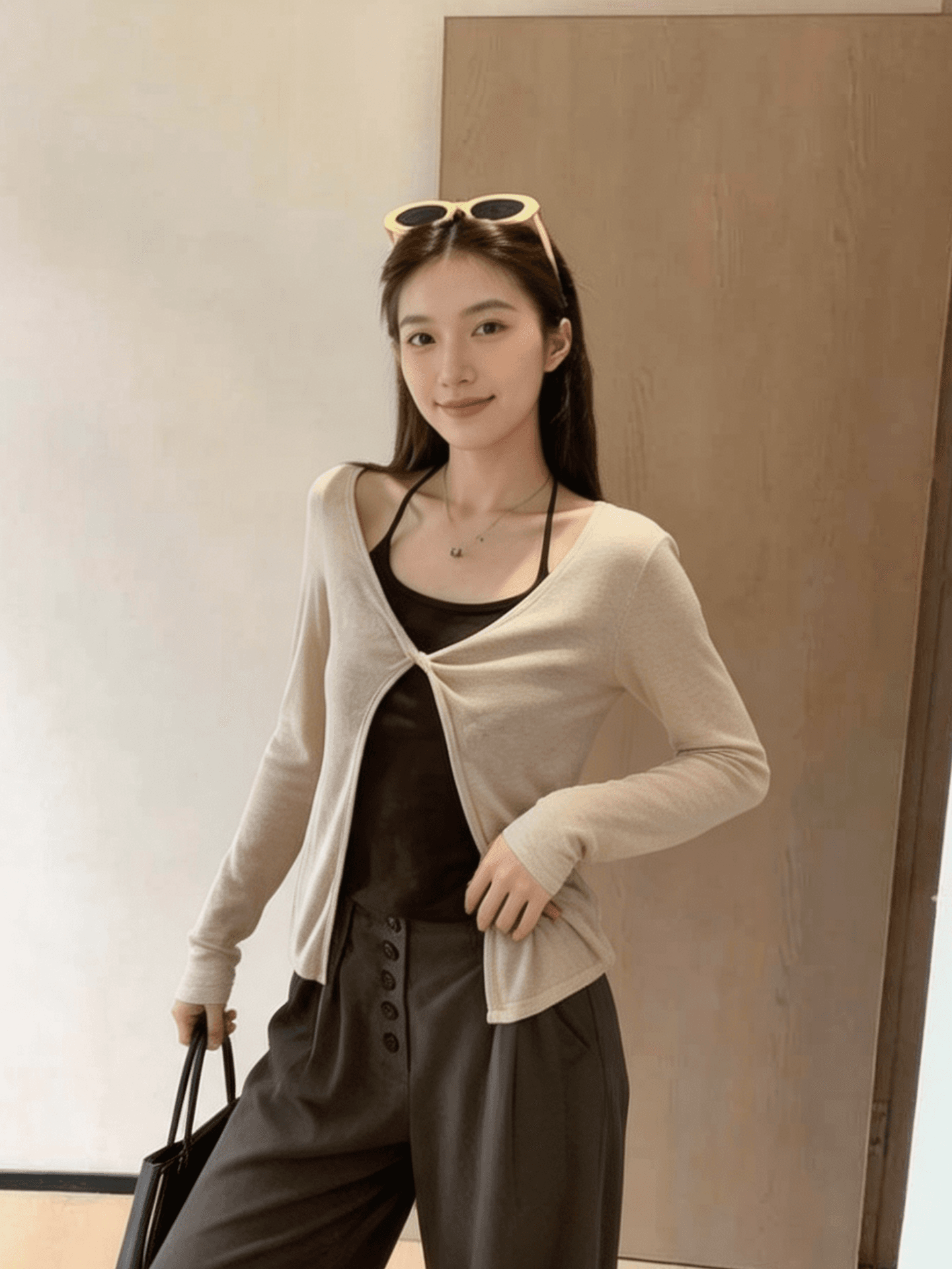 주간 실크 경기 260 그램 사람들 면 블라우스 행침 목 캐미솔 두 조각 여성 세트 봄 가을 상세 이미지 4