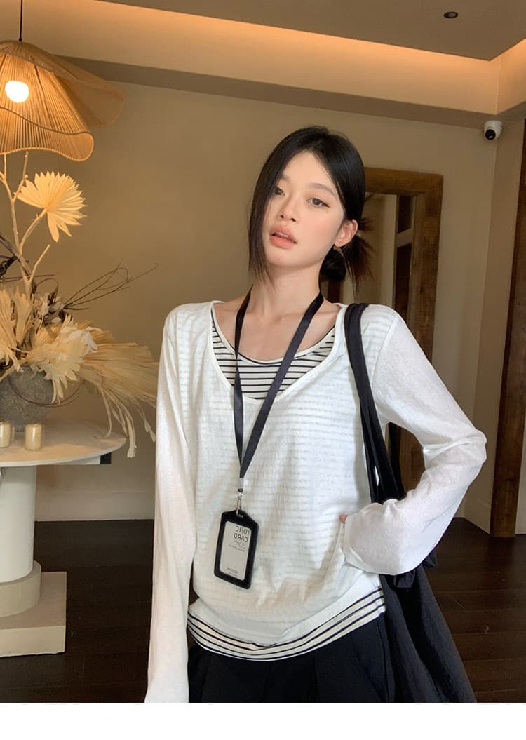 눈꽃 면 회색 싸움 스트라이프 페이크 레이어드 긴팔 티셔츠 조기 가을 루즈핏 기본 셔츠 맨위 상세 이미지 15