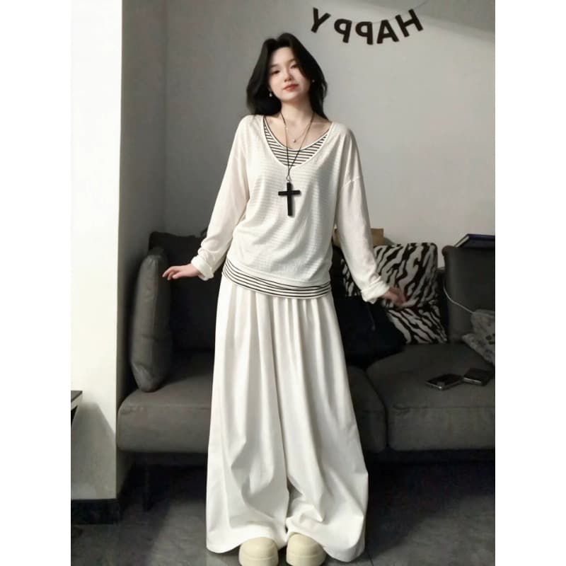눈꽃 면 스트라이프 페이크 레이어드 긴팔 티셔츠 가을 루즈핏 느긋한 바람 블라우스 맨위 이미지 2