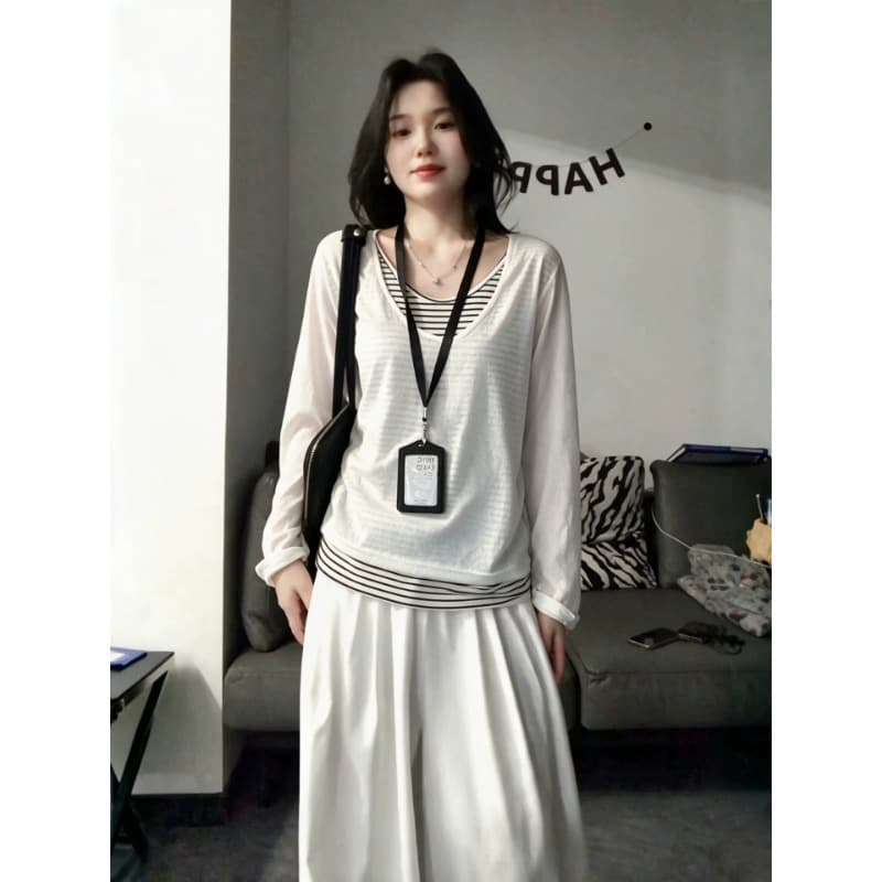 눈꽃 면 스트라이프 페이크 레이어드 긴팔 티셔츠 가을 루즈핏 느긋한 바람 블라우스 맨위 이미지 3
