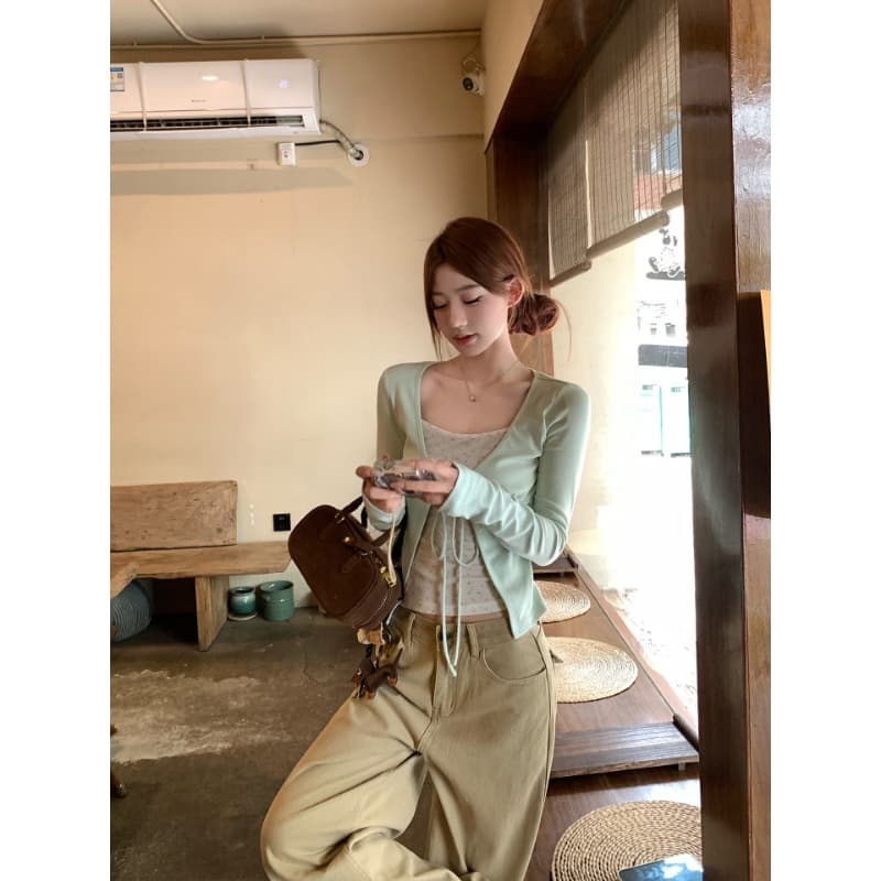 아름다운 사람들 면 260 그램 페이크 레이어드 꽃무늬 긴팔 티셔츠 가을 핫걸 디자인 센스 작은 대중 맨위 이미지 2