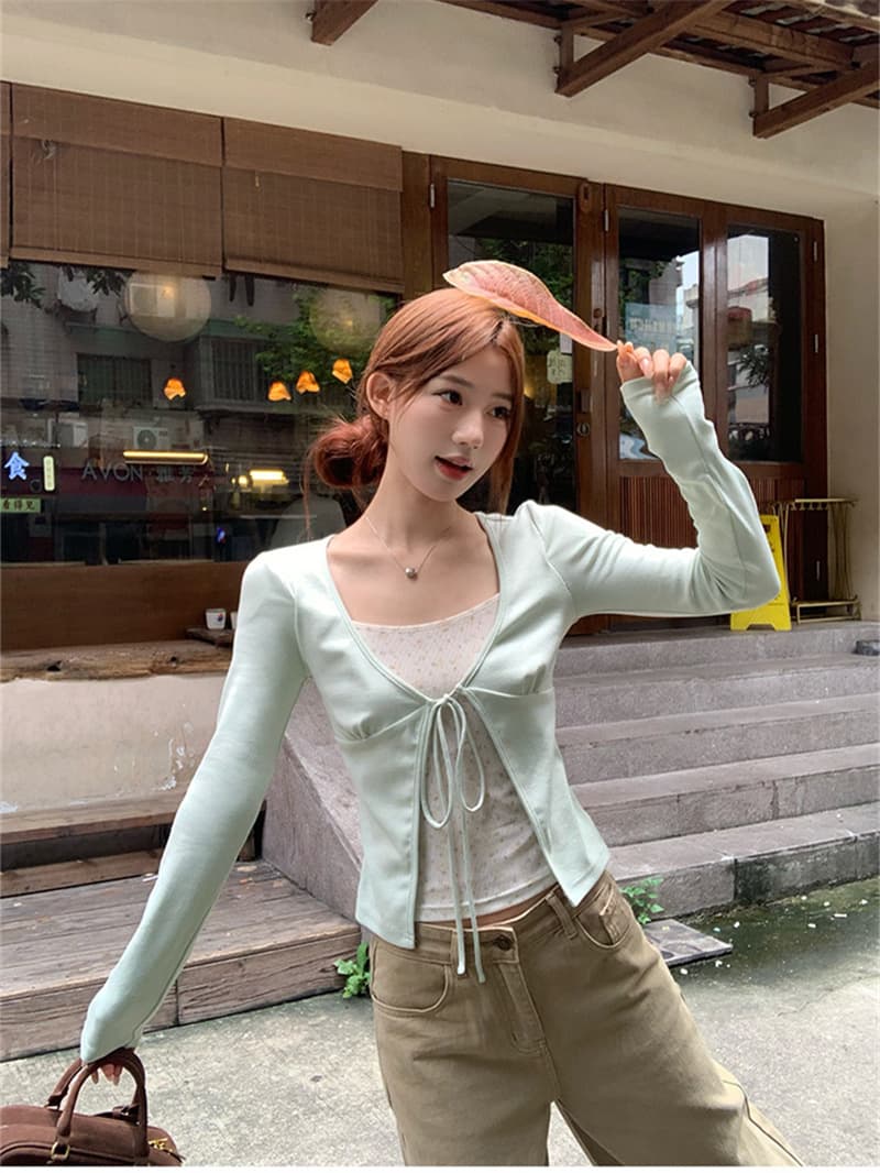 아름다운 사람들 면 260 그램 페이크 레이어드 꽃무늬 긴팔 티셔츠 가을 핫걸 디자인 센스 작은 대중 맨위 상세 이미지 7