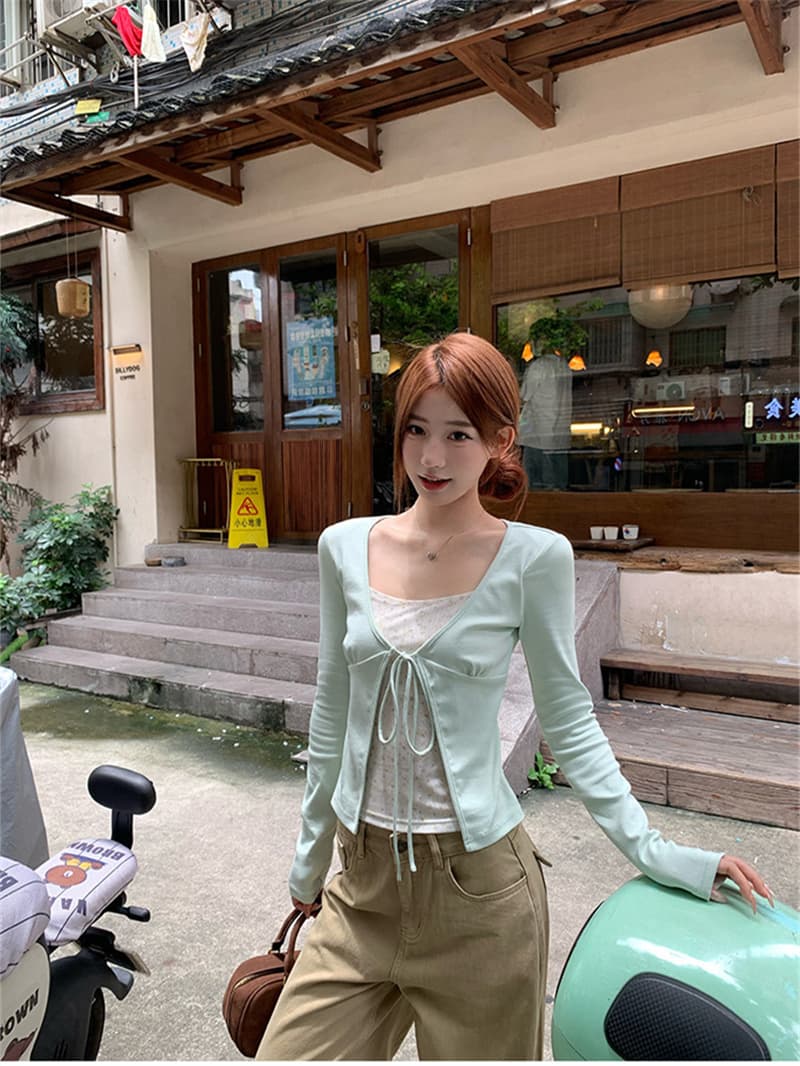 사람들 면 260 그램 달콤함 핫걸 페이크 레이어드 스트랩 긴팔 맨위 가을 보라색 티셔츠 상세 이미지 15