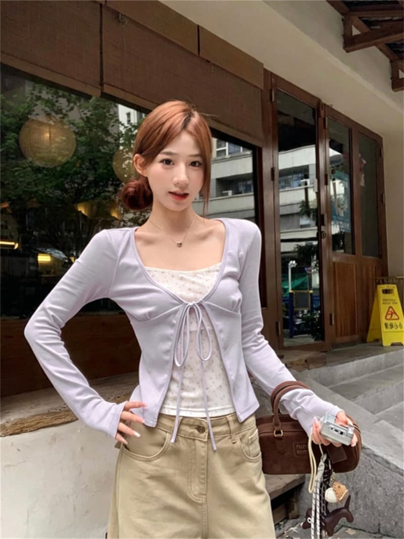사람들 면 260 그램 달콤함 핫걸 페이크 레이어드 스트랩 긴팔 맨위 가을 보라색 티셔츠 이미지 3