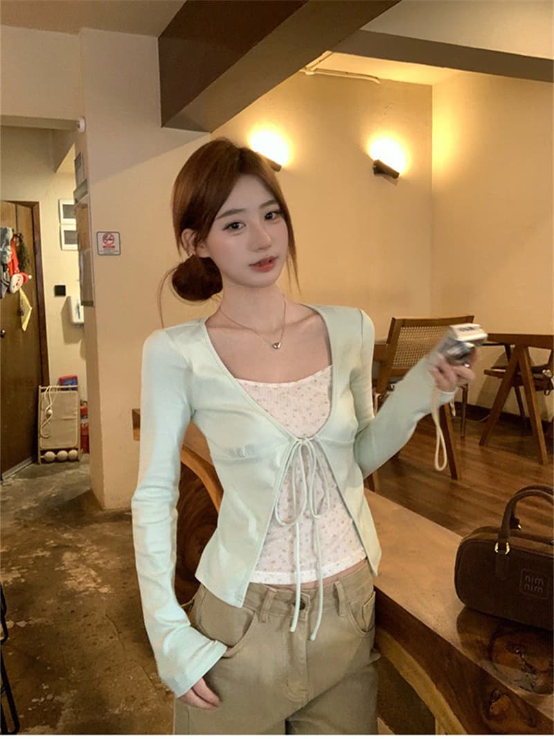 원본 사람들 면 260 그램 페이크 레이어드 꽃무늬 긴팔 티셔츠 가을 디자인 센스 배색 패치워크 맨위 상세 이미지 7