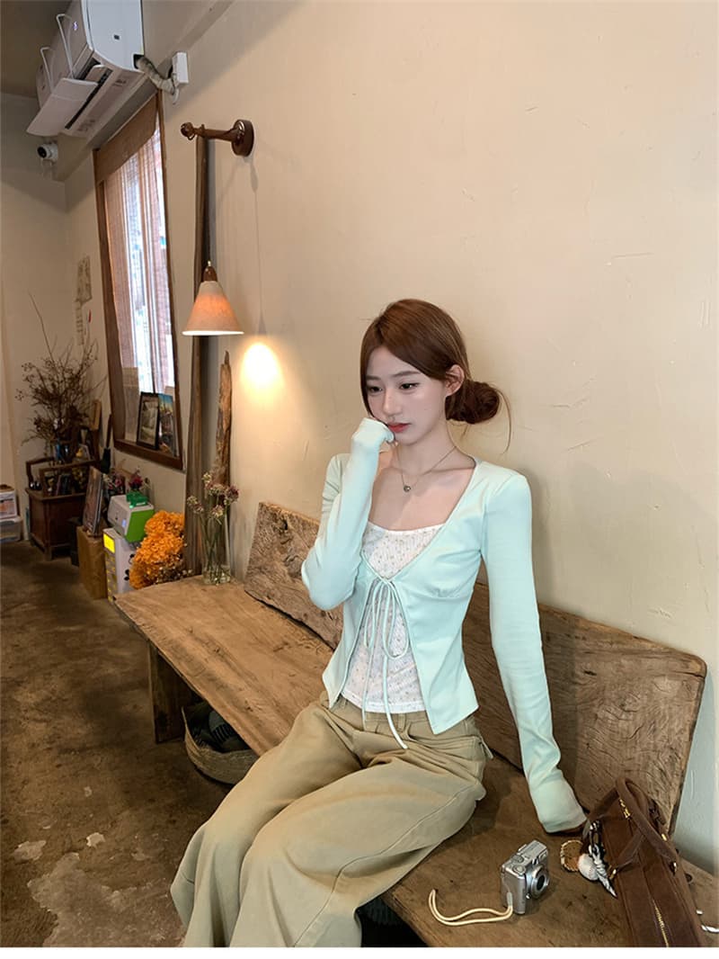 원본 사람들 면 260 그램 페이크 레이어드 꽃무늬 긴팔 티셔츠 가을 디자인 센스 배색 패치워크 맨위 상세 이미지 12