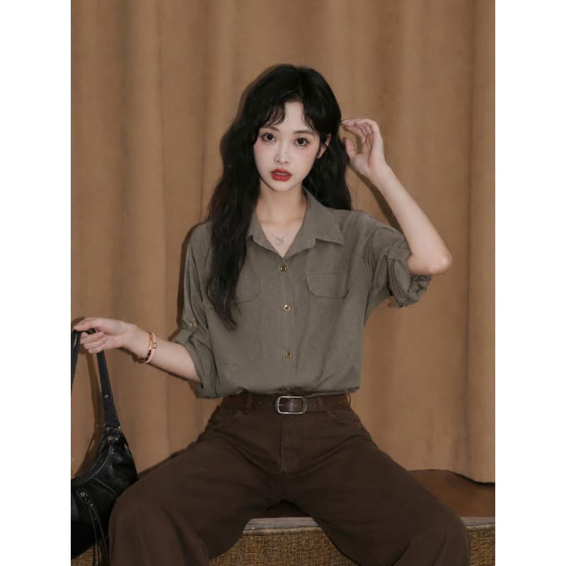 면 마 소재 군용 녹색 폴로 칼라 긴팔 셔츠 레트로 루즈핏 슬림해 보이는 셔츠 여성