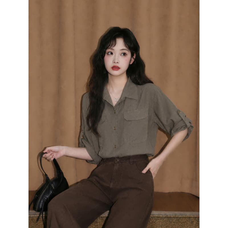 면 마 소재 군용 녹색 폴로 칼라 긴팔 셔츠 레트로 루즈핏 슬림해 보이는 셔츠 여성 상세 이미지 4