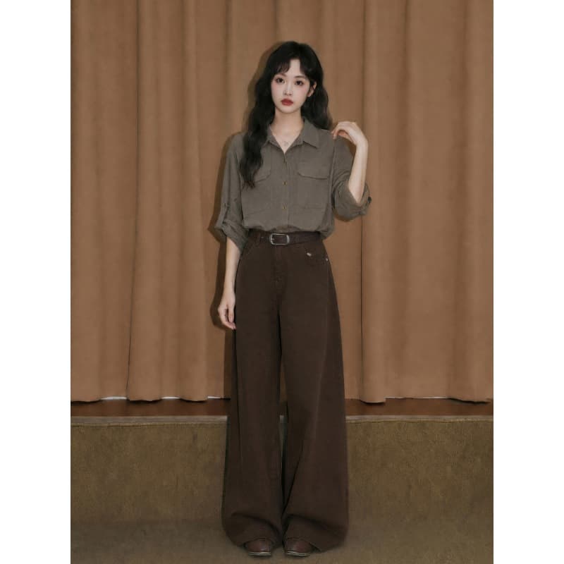 면 마 소재 군용 녹색 폴로 칼라 긴팔 셔츠 레트로 루즈핏 슬림해 보이는 셔츠 여성 상세 이미지 5