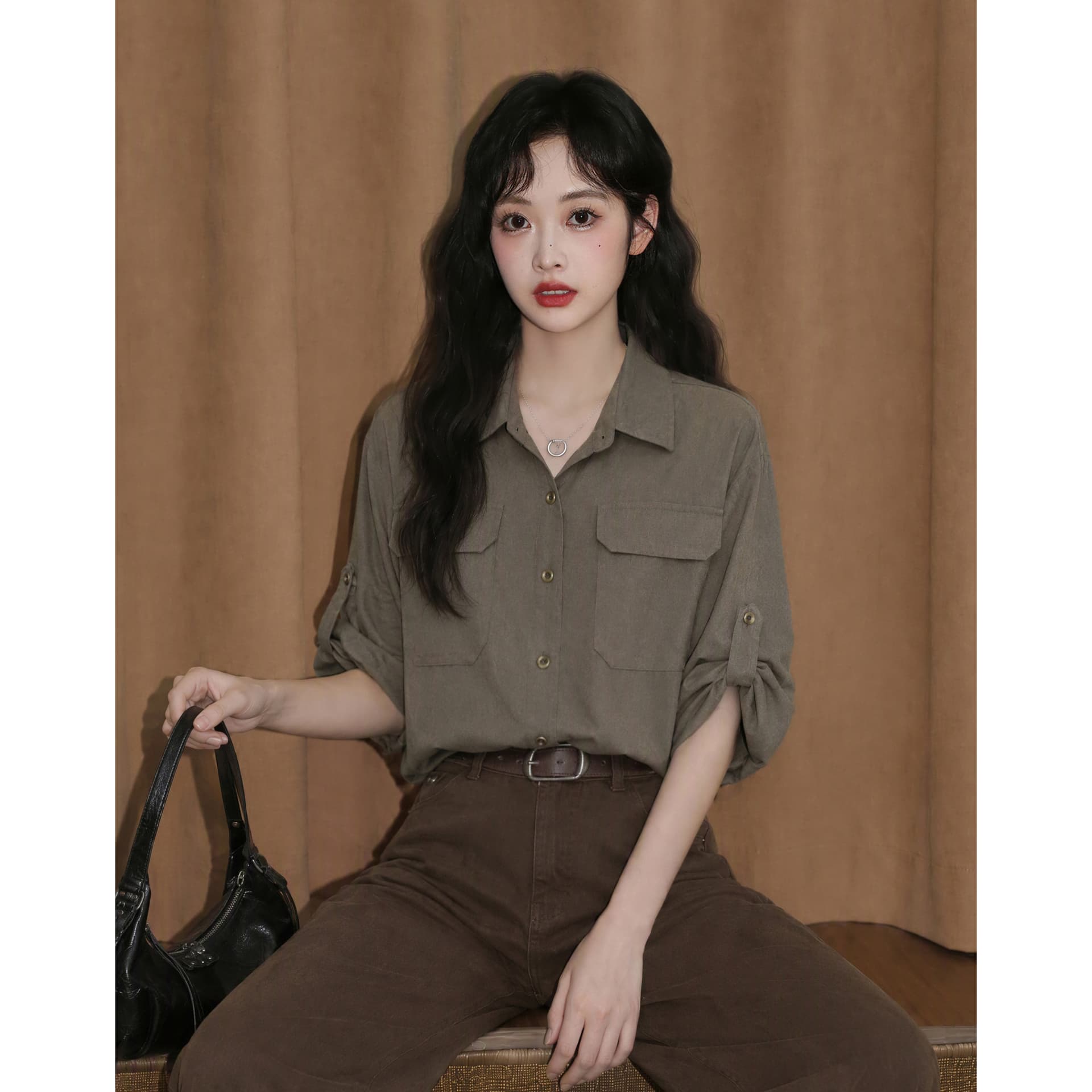 면 마 소재 군용 녹색 폴로 칼라 긴팔 셔츠 레트로 루즈핏 슬림해 보이는 셔츠 여성 상세 이미지 6