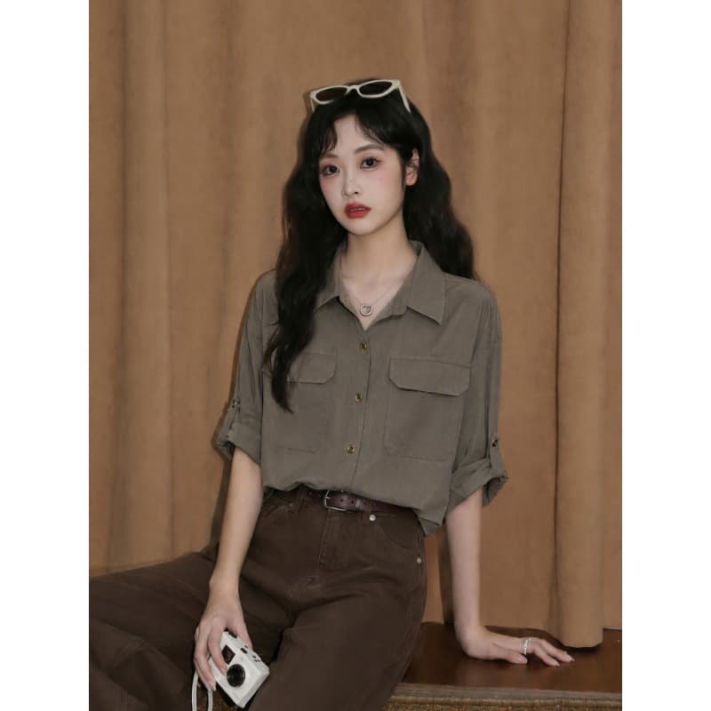 면 마 소재 군용 녹색 폴로 칼라 긴팔 셔츠 레트로 루즈핏 슬림해 보이는 셔츠 여성 상세 이미지 8