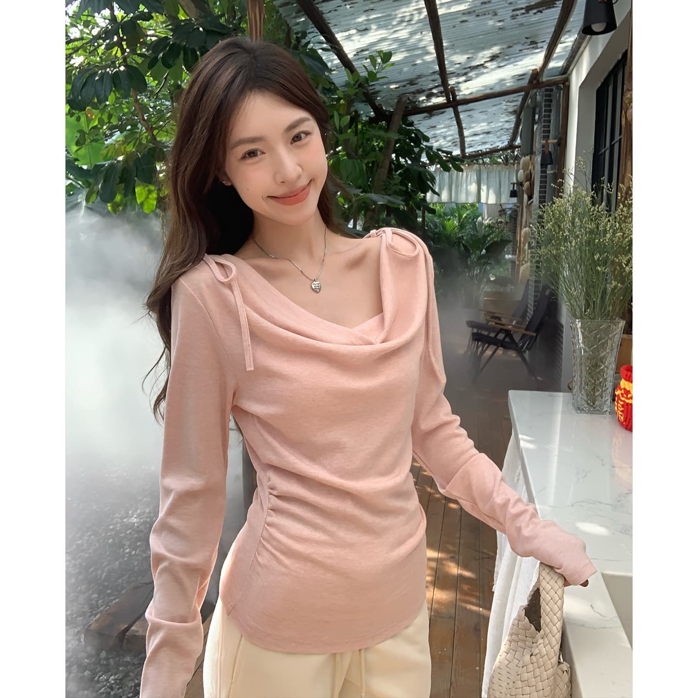 한국 스타일 부드러운 달콤한 자매 바람 나비 넥타이 긴팔 티셔츠 여성 의류 가을 몸매 가꾸기 슬림해 보이는 핑크색 맨위