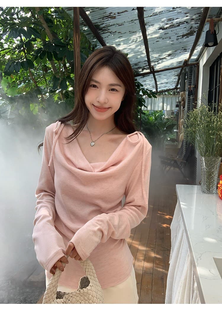 한국 스타일 부드러운 달콤한 자매 바람 나비 넥타이 긴팔 티셔츠 여성 의류 가을 몸매 가꾸기 슬림해 보이는 핑크색 맨위 상세 이미지 4