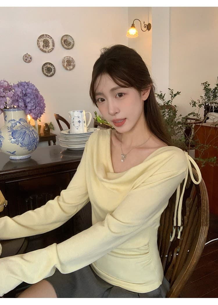 한국 스타일 부드러운 달콤한 자매 바람 나비 넥타이 긴팔 티셔츠 여성 의류 가을 몸매 가꾸기 슬림해 보이는 핑크색 맨위 상세 이미지 11