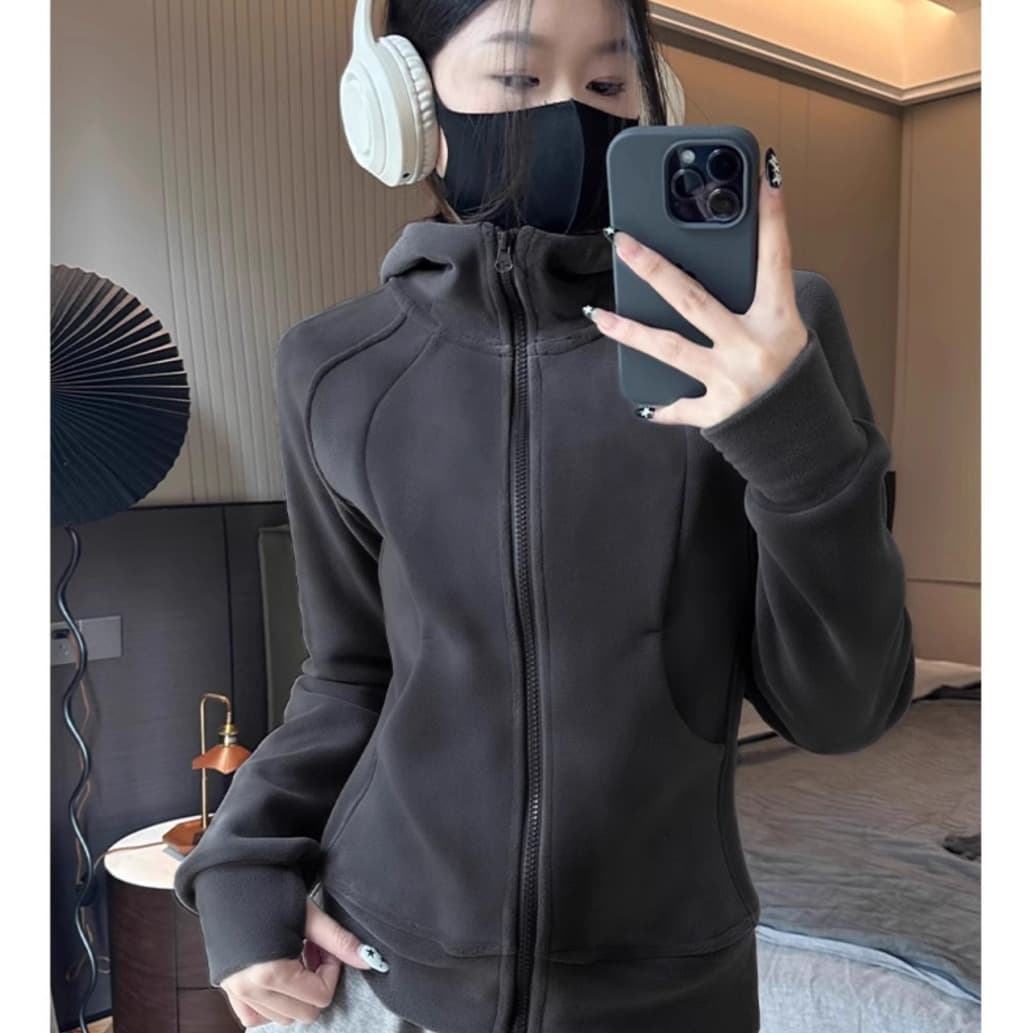 특별 가격 원본 두꺼운 오스트리아 과립 플러시 원단 후드 지퍼 재킷 가을 핫걸 슬림해 보이는 후드티 새로운 이미지 4