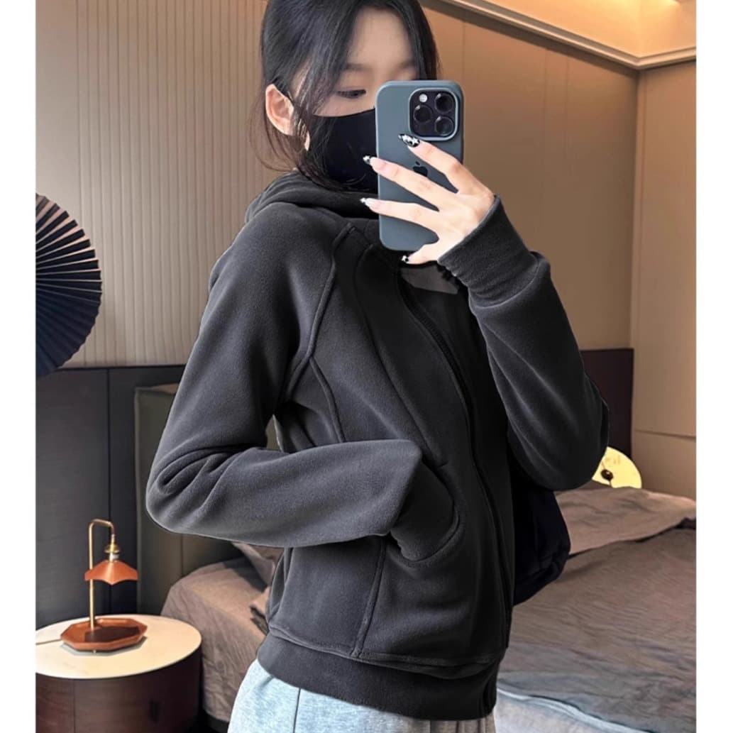 특별 가격 원본 두꺼운 오스트리아 과립 플러시 원단 후드 지퍼 재킷 가을 핫걸 슬림해 보이는 후드티 새로운 상세 이미지 7