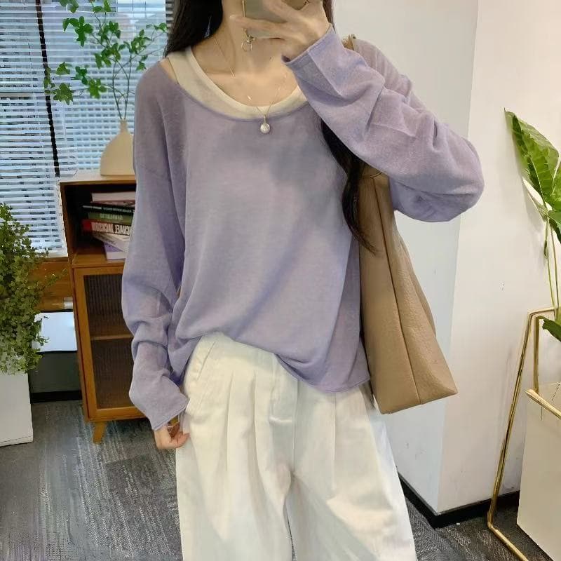 한 부서 고유 한 Chic 슈퍼 잘 생긴 맨위 스택 착용 캐미솔 외부 가져 가라. 긴팔 자외선 차단 블라우스 가짜 2 피스 슈트 여름 상세 이미지 3