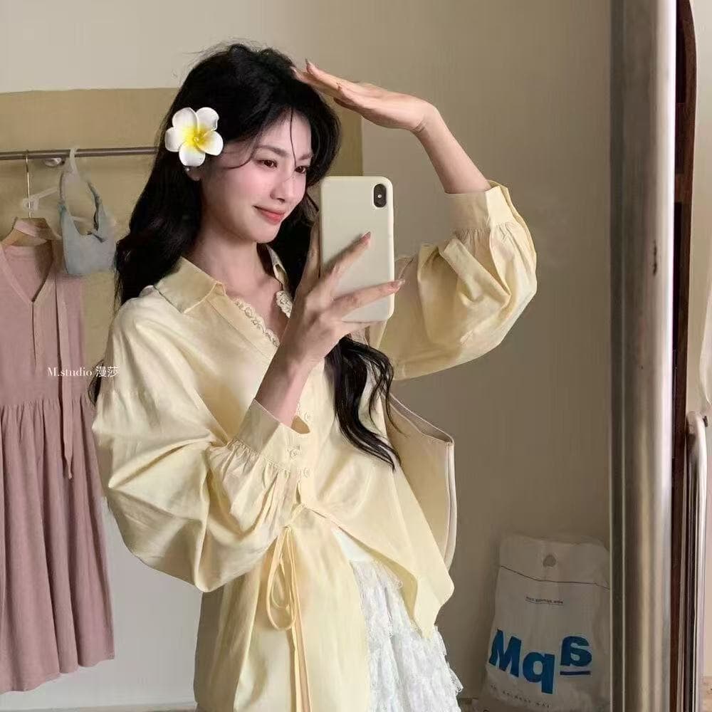한국 스타일 새로운 V넥 불규칙 비스듬한 레이스업 철자 레이스 작은 대중 작은 셔츠 셔츠 상세 이미지 8