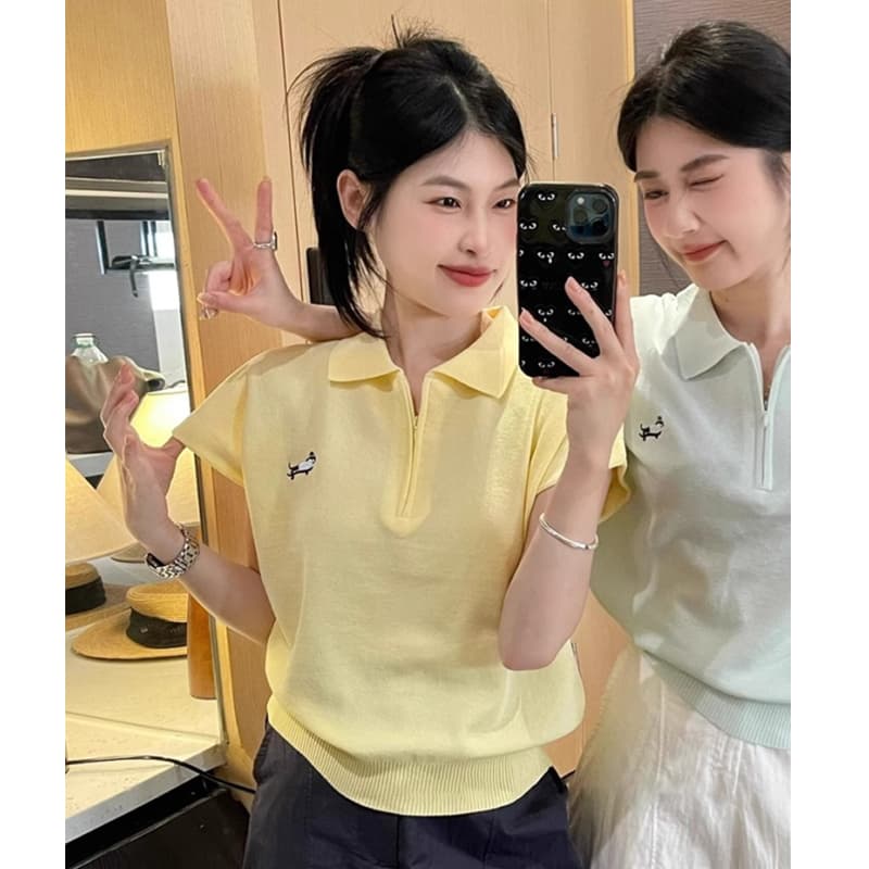 한 부서 파란색 하프 지퍼 POLO 칼라 니트 반팔 티셔츠 여성 여름 작은 키 쇼트 스타일 맨위 긍정적 인 어깨 이미지 2