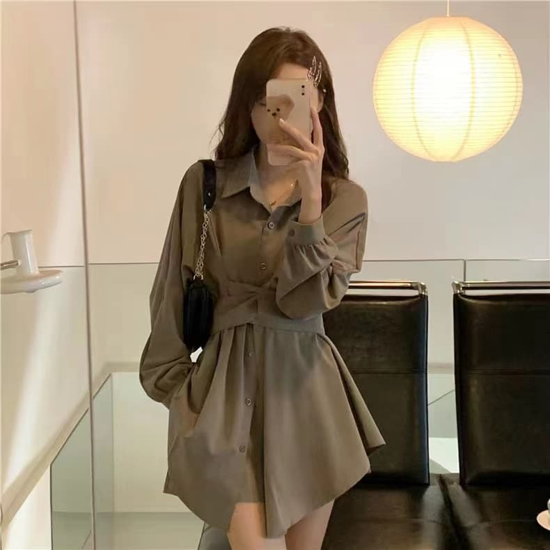 한국 스타일 허리 수축 긴팔 셔츠 드레스 같은 색상 캐주얼 반바지 투피스 세트 상세 이미지 18