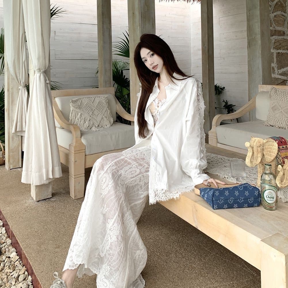 화이트 홀로우 아웃 레이스 조각 긴팔 셔츠 루즈핏 중간 길이 스택 착용 자외선 차단 셔츠 이미지 4