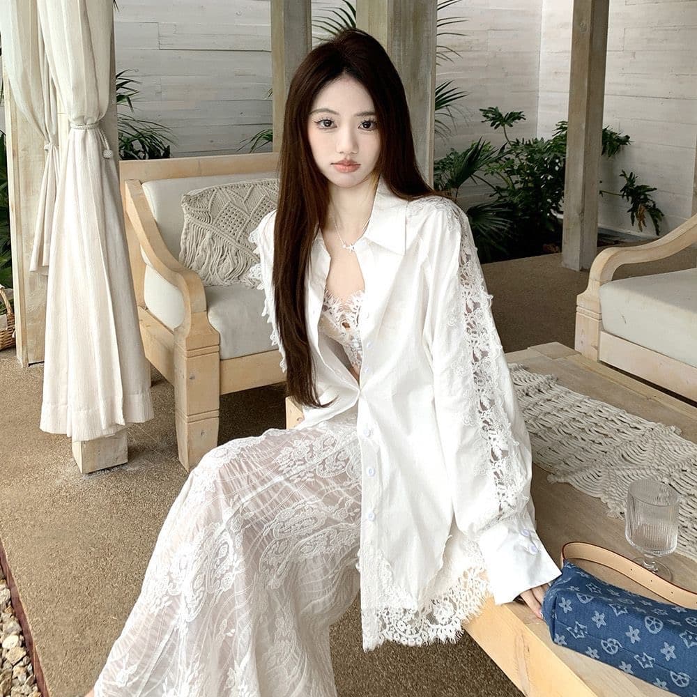 화이트 홀로우 아웃 레이스 조각 긴팔 셔츠 루즈핏 중간 길이 스택 착용 자외선 차단 셔츠 상세 이미지 3