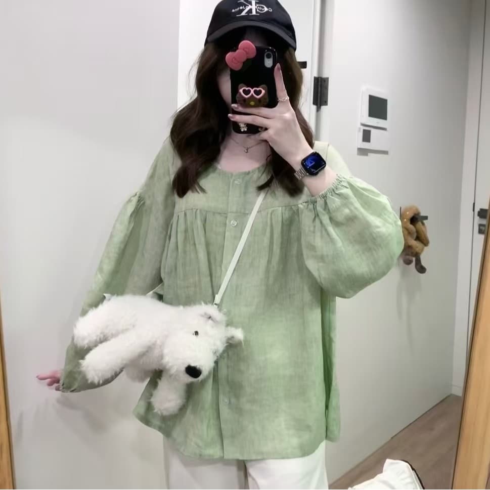 yoursjin 이른 봄 녹색 라미 주간 실크 인형 셔츠 셔츠 루즈핏 얇고 가벼운 통기성 디스플레이 화이트 이미지 3
