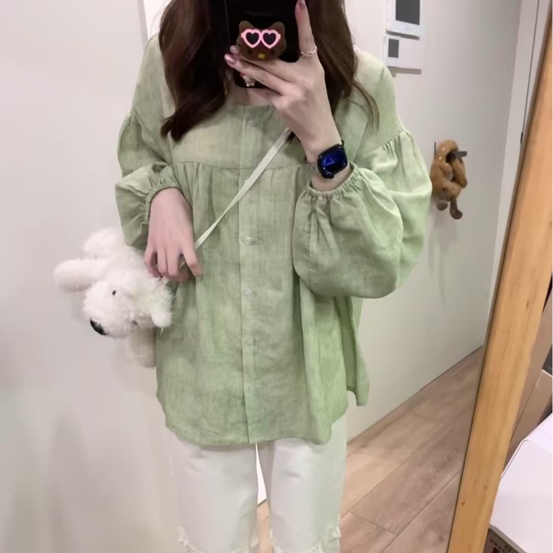 yoursjin 이른 봄 녹색 라미 주간 실크 인형 셔츠 셔츠 루즈핏 얇고 가벼운 통기성 디스플레이 화이트 상세 이미지 3