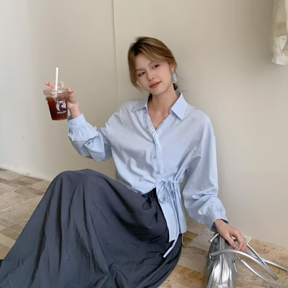 한국 스타일 새로운 V넥 불규칙 비스듬한 레이스업 철자 레이스 작은 대중 작은 셔츠 셔츠 이미지 4