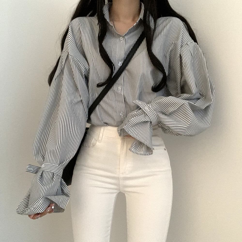 한국 chic 디자인 센스 작은 대중 핀 스트라이프 루즈핏 여성 셔츠 미니멀리즘 인사이드 가져 가라. 긴팔 맨위 이미지 2