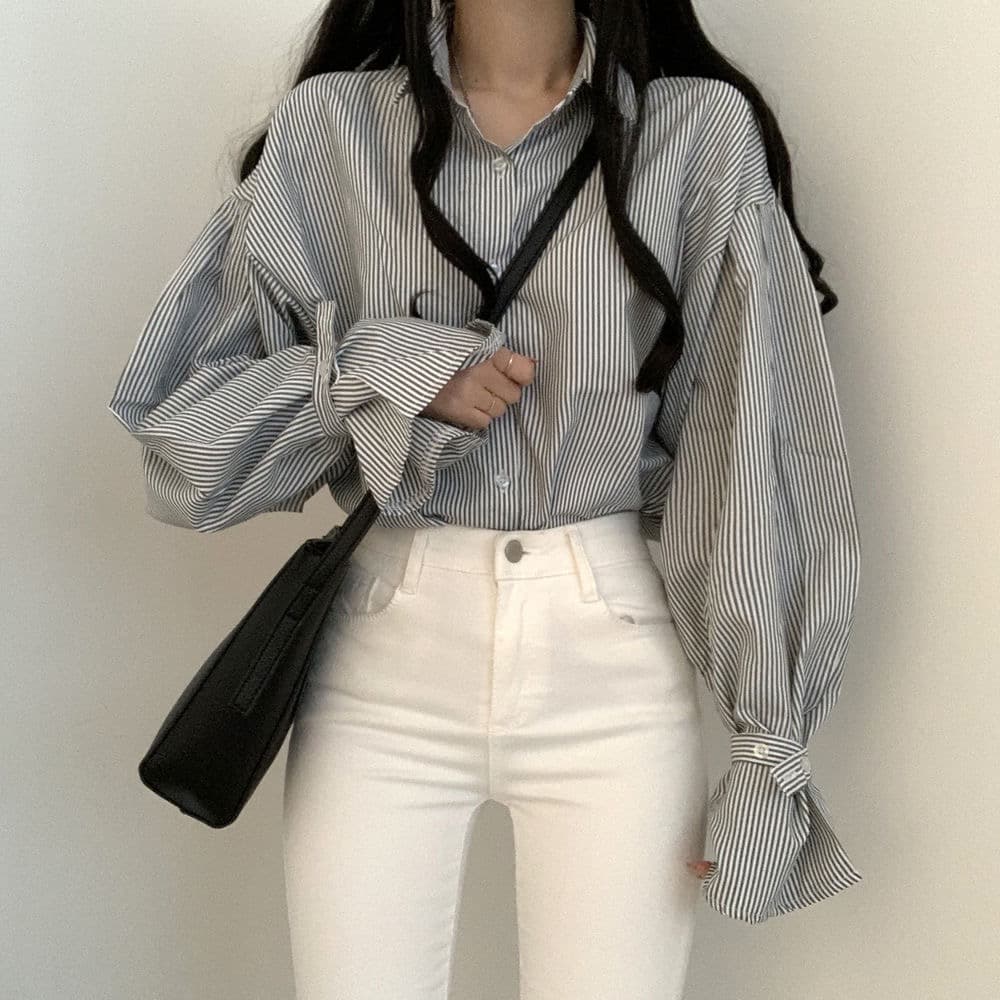 한국 chic 디자인 센스 작은 대중 핀 스트라이프 루즈핏 여성 셔츠 미니멀리즘 인사이드 가져 가라. 긴팔 맨위 상세 이미지 7