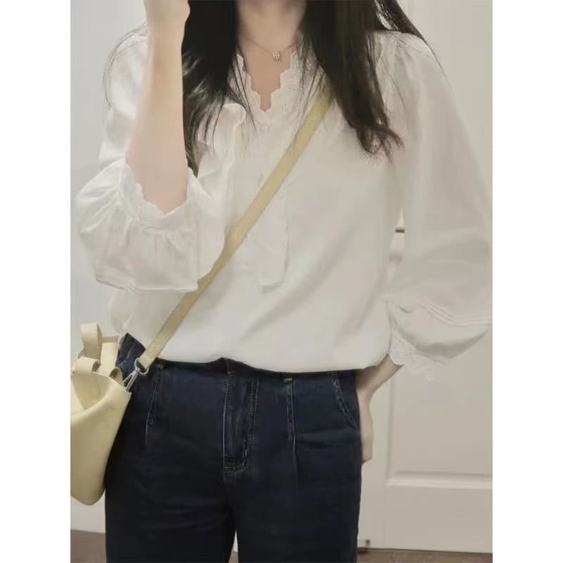 프랑스어 화이트 레이스 프릴 V 칼라 여성 셔츠 셔츠 봄 여름 고급 디자인 센스 Chic 작은 셔츠 맨위 상세 이미지 2