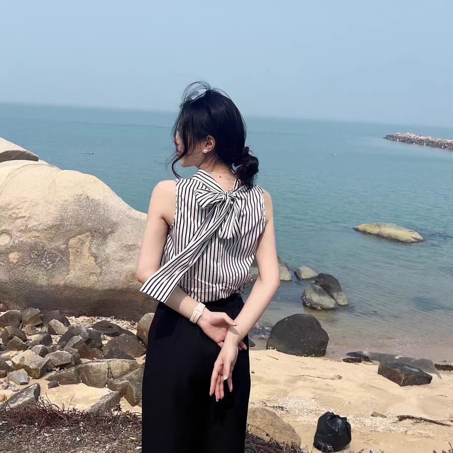 프랑스식 흑백 줄무늬 지불 와인딩 주위 리본 여성 셔츠 여름 작은 샤넬 스타일 행침 목 민소매 맨위 디자인 센스 미니멀리즘 상세 이미지 4