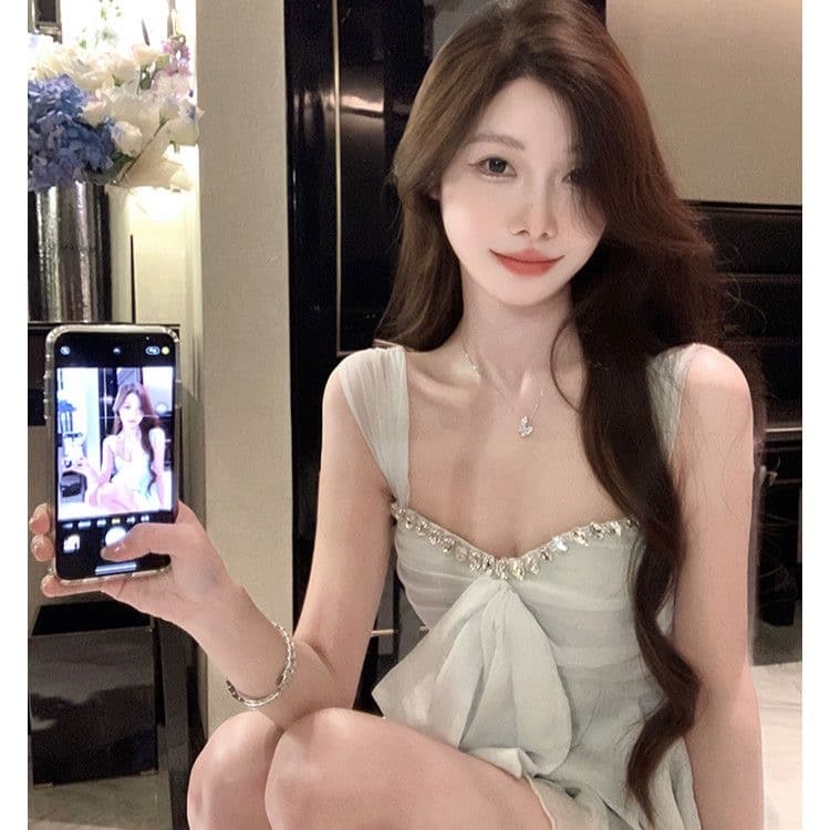 나비 매듭 스트랩 다이아몬드 세팅 슬립 작은 조끼 여성 여름 몸매 가꾸기 민소매 외출용 디자인 센스 파란색 품격 맨위 상세 이미지 2