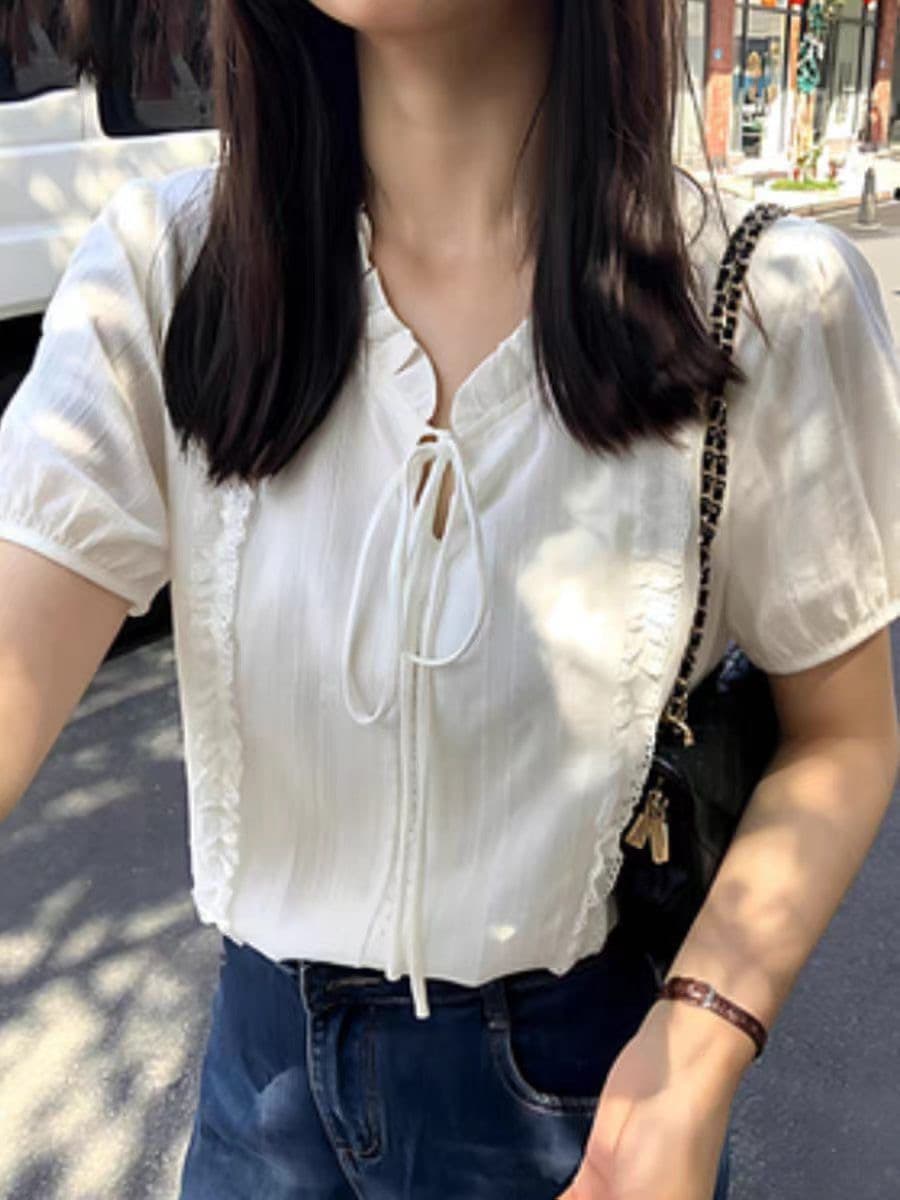 프랑스식 레이스 칼라 레이스업 화이트 여성 셔츠 여름 새로운 고급 센스 부드러운 바람 품격 Chic 반팔 맨위 상세 이미지 2