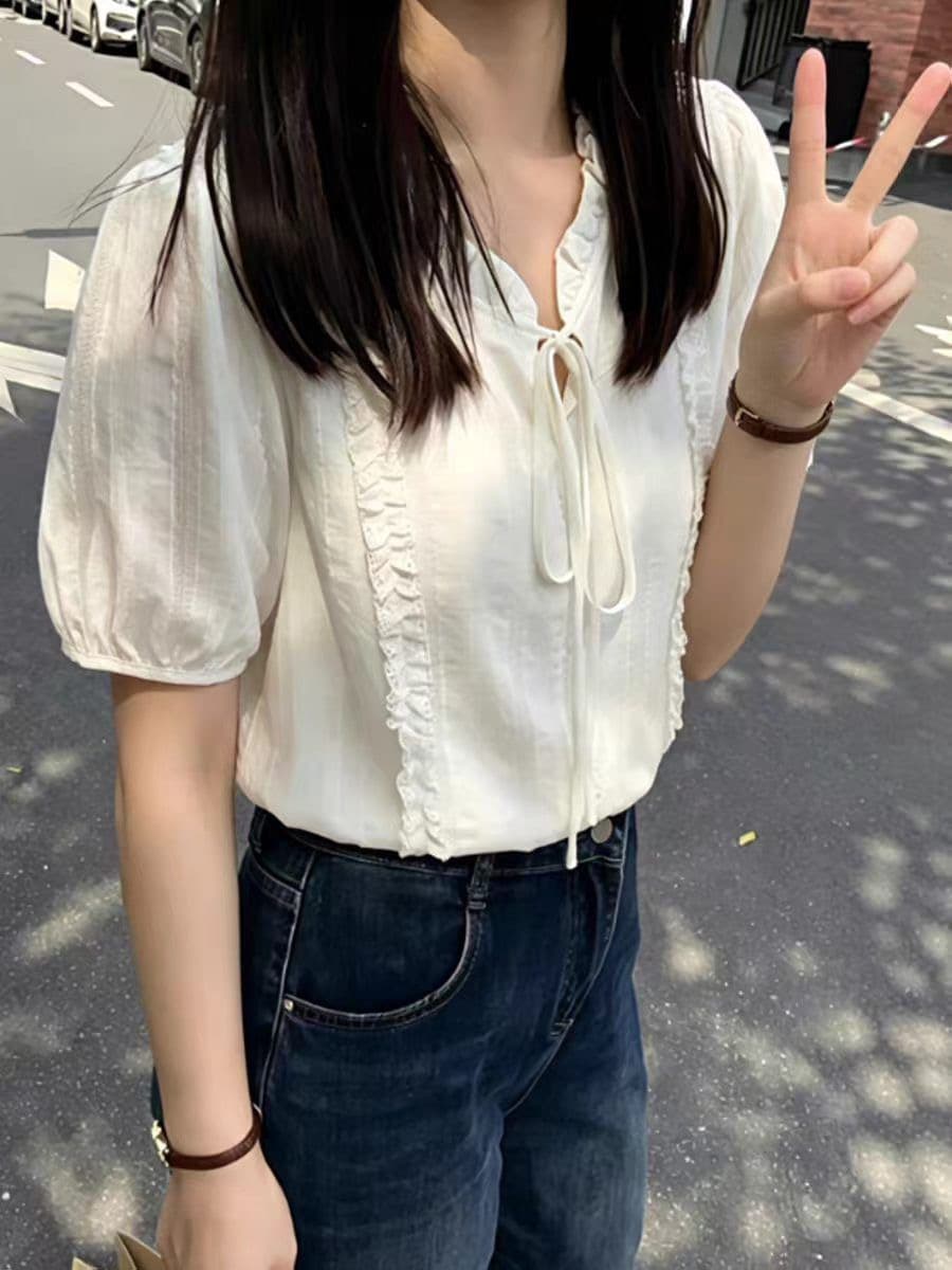 프랑스식 레이스 칼라 레이스업 화이트 여성 셔츠 여름 새로운 고급 센스 부드러운 바람 품격 Chic 반팔 맨위 상세 이미지 4