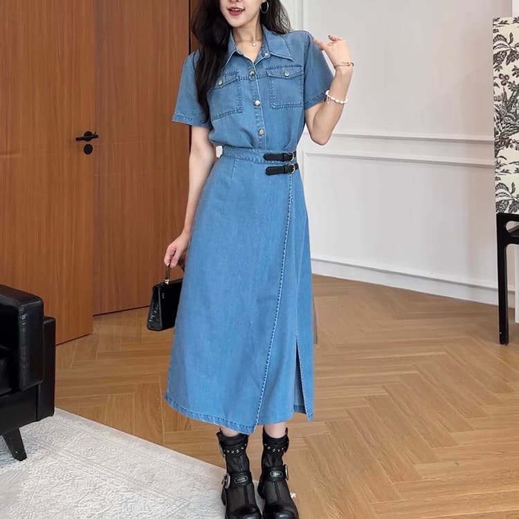 한국 항구 바람 레트로 페이크 레이어드 데님 여성 드레스 여름 허리 수축 슬림해 보이는 하나 슬라이스 쇼트 스타일 드레스 이미지 2