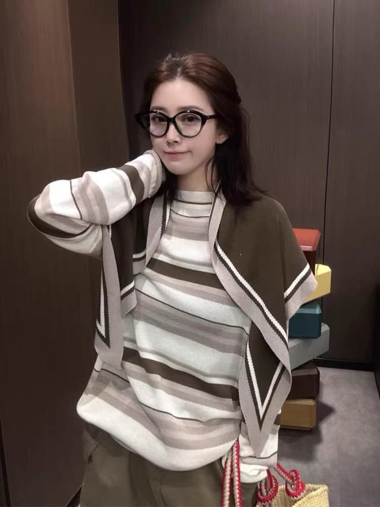 작은 키 한 부서 착용 코디 숄 투피스 세트 맨위 여성 이른 가을 배색 스트라이프 루즈핏 긍정적 인 어깨 긴팔 티셔츠 이미지 4
