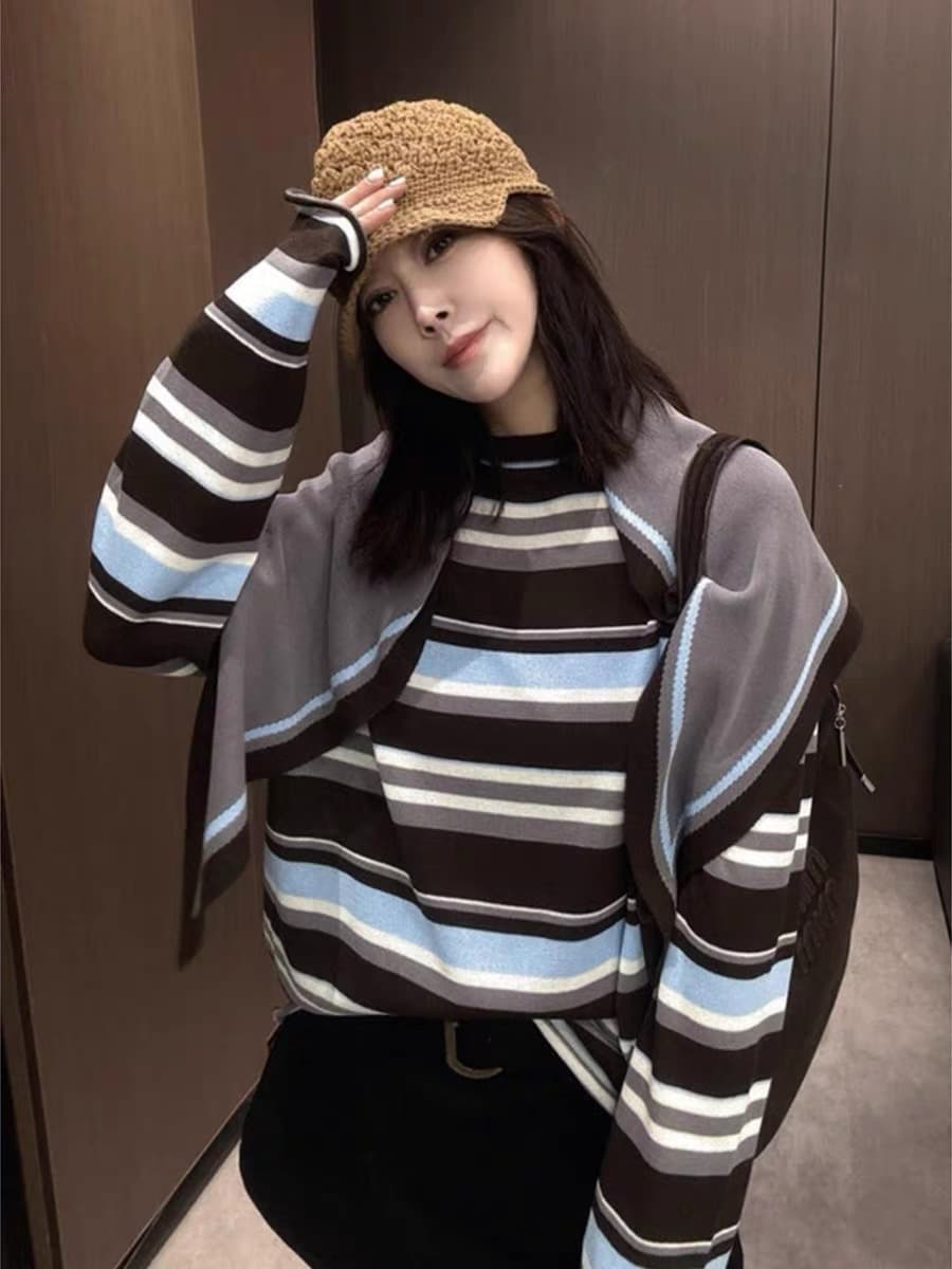 작은 키 한 부서 착용 코디 숄 투피스 세트 맨위 여성 이른 가을 배색 스트라이프 루즈핏 긍정적 인 어깨 긴팔 티셔츠 이미지 3