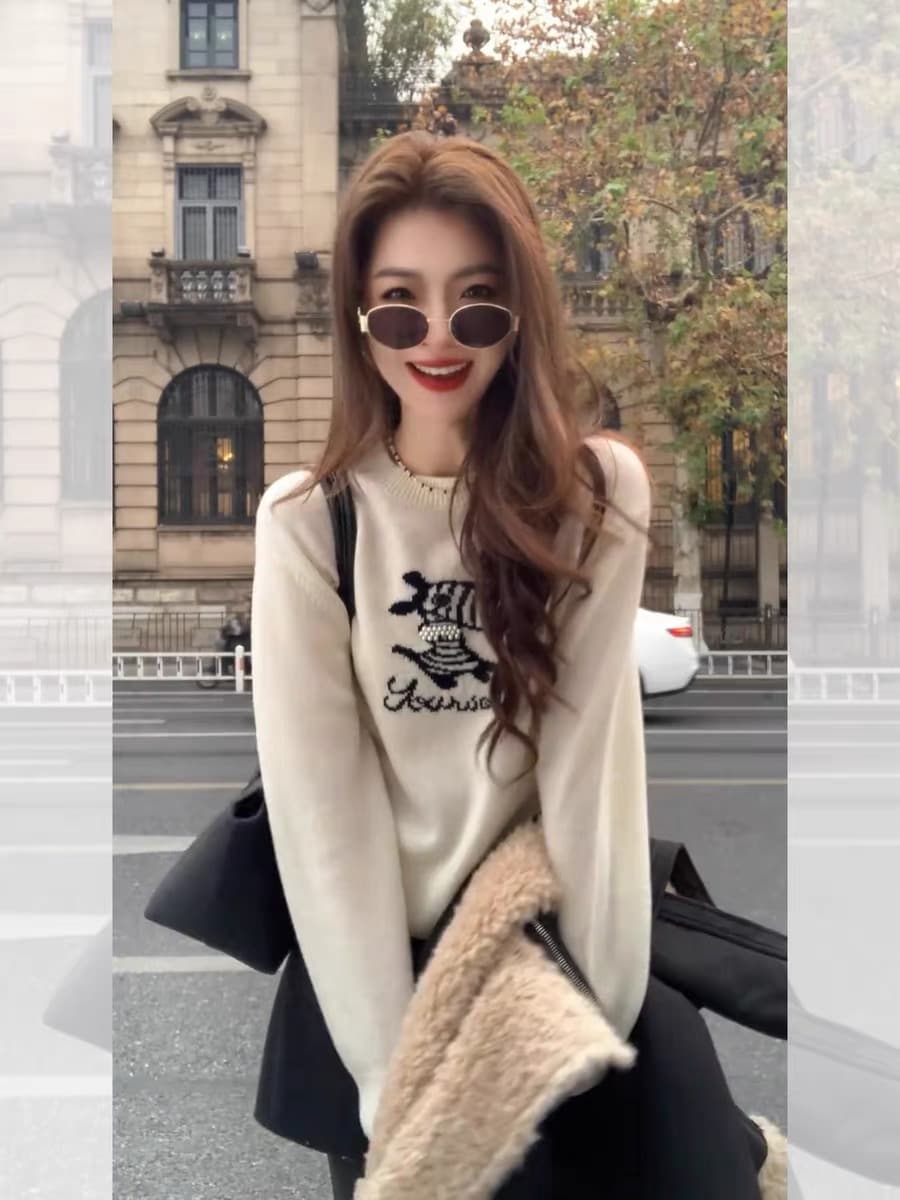 한 부서 만화 자수 라운드 넥 풀오버 니트 스웨터 여성 초기 겨울 베이지 색 루즈핏 긴팔 스웨터 만나는 맨위 상세 이미지 4