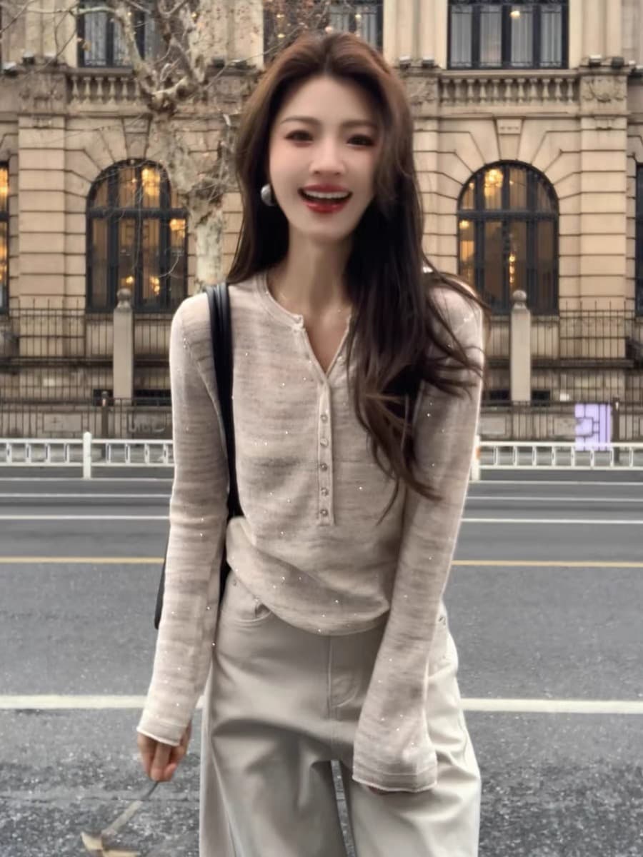 한 부서 자이언트 잘 생긴 스팽글 니트 스웨터 여성 2026 봄 새로운 폭발 품격 기본 셔츠 몸매 가꾸기 긴팔 맨위 상세 이미지 5