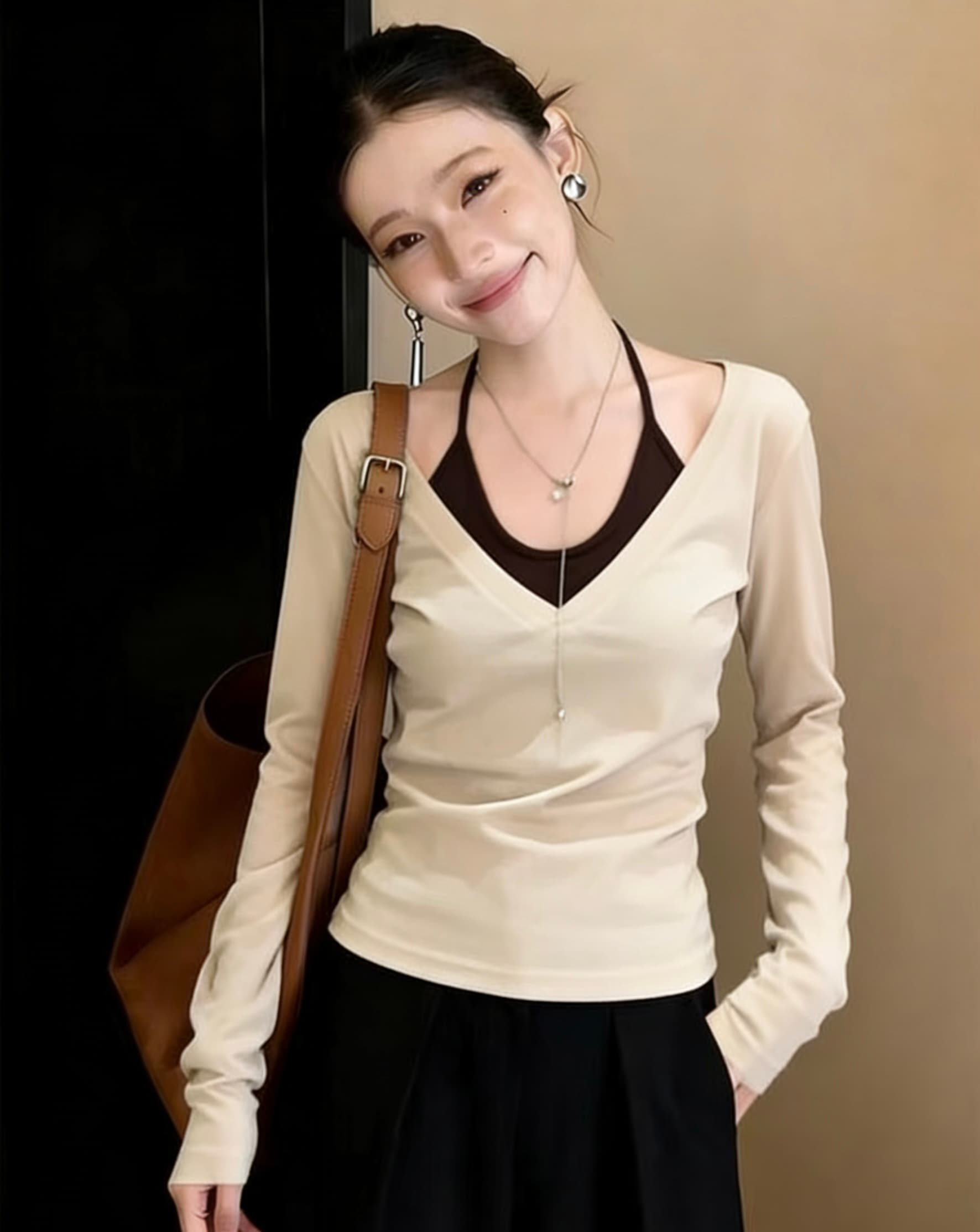 투피스 세트 프랑스식 레트로 학원 스타일 패치워크 V넥 디자인 센스 작은 대중 긴팔 티셔츠 슬림해 보이는 다용도 맨위 여성 상세 이미지 1