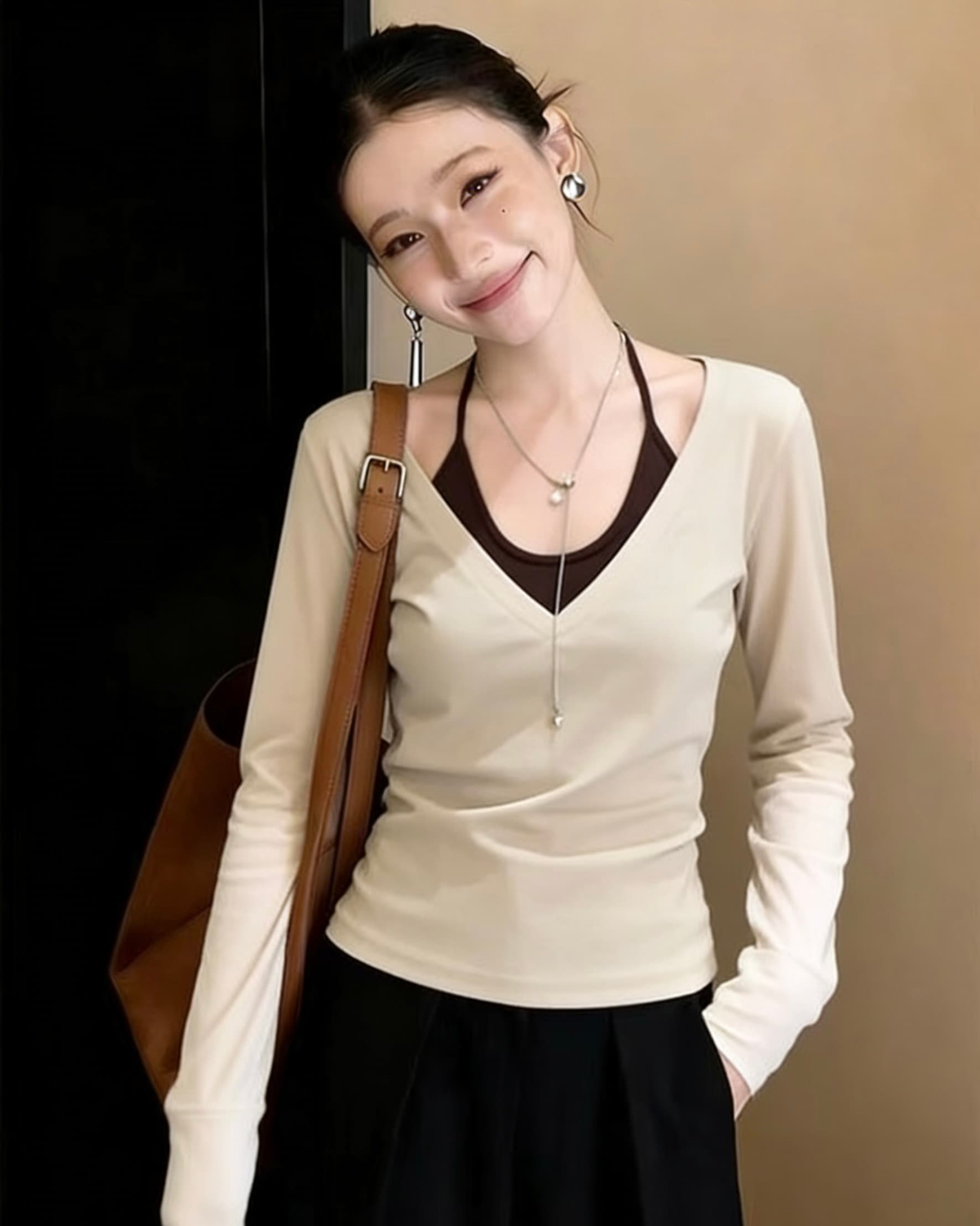 투피스 세트 프랑스식 레트로 학원 스타일 패치워크 V넥 디자인 센스 작은 대중 긴팔 티셔츠 슬림해 보이는 다용도 맨위 여성 상세 이미지 5