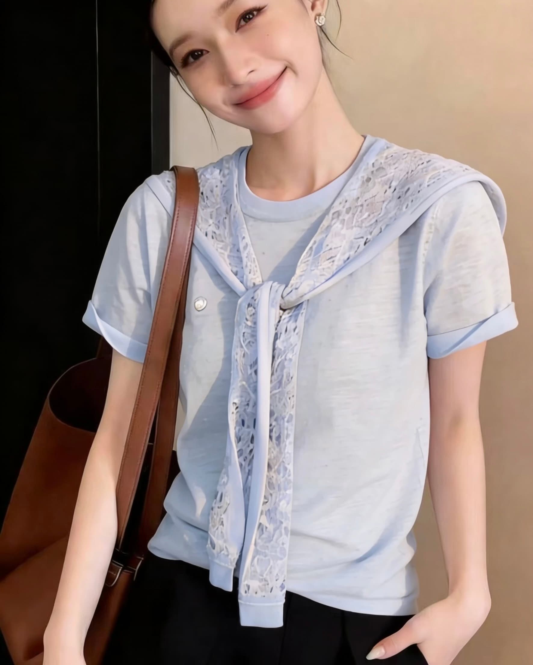 유럽 역 작은 키 슈퍼 잘 생긴 외국 가스 다용도 느긋한 바람 경기 자수 숄 둘 착용 니트 반팔 티셔츠 여성 상세 이미지 1
