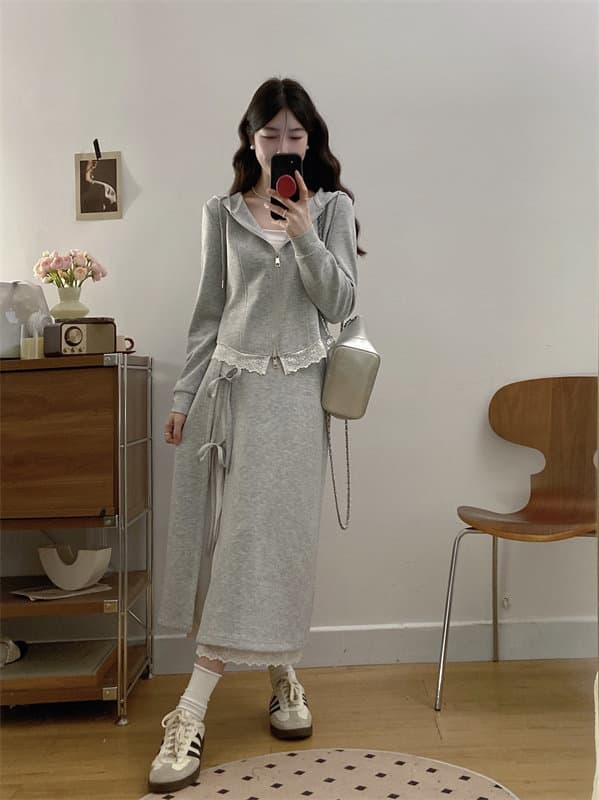 가을 겨울 빅 사이즈 디자인 센스 Chic 캐주얼 세트 여성 지방 mm 레이스 조각 맨위 레이스업 페이크 레이어드 반신 스커트