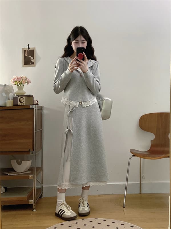 가을 겨울 빅 사이즈 디자인 센스 Chic 캐주얼 세트 여성 지방 mm 레이스 조각 맨위 레이스업 페이크 레이어드 반신 스커트 상세 이미지 3