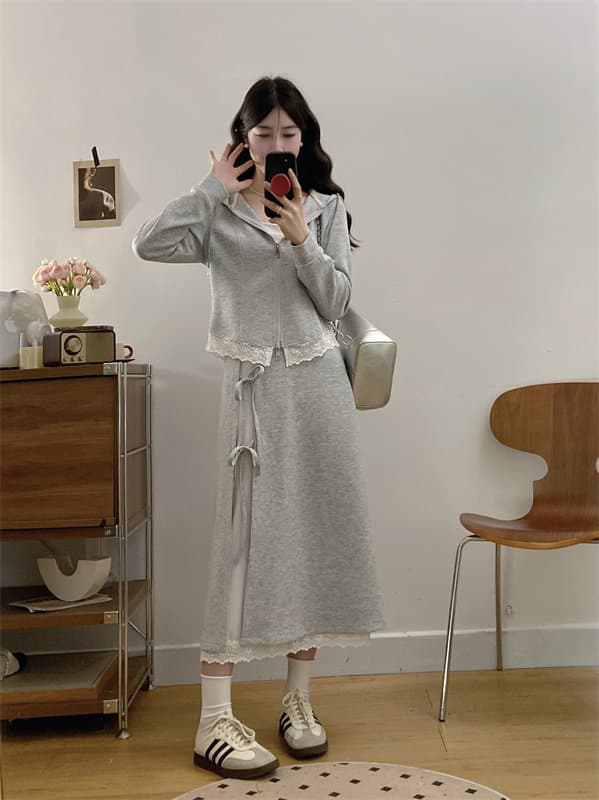 가을 겨울 빅 사이즈 디자인 센스 Chic 캐주얼 세트 여성 지방 mm 레이스 조각 맨위 레이스업 페이크 레이어드 반신 스커트 상세 이미지 6
