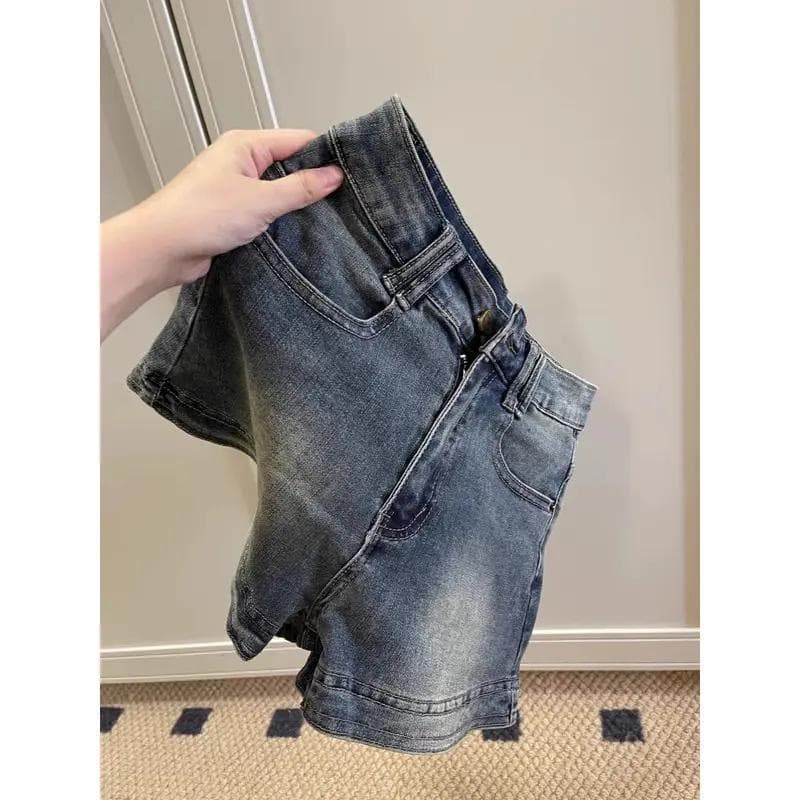 작은 키 아메리칸 레트로 높음 거리 데님 반바지 여성 여름 핫걸 하이웨이스트 슬림해 보이는 마 오래된 한 마디 핫 바지 이미지 2