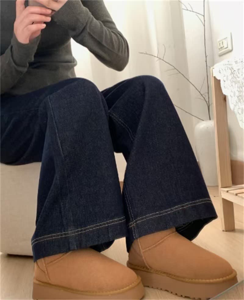 작은 키 단 닝 블루 루즈핏 넓은 다리 청바지 여성 하이웨이스트 슬림해 보이는 도루 센스 부츠컷 바닥 청소 긴 바지 이미지 2